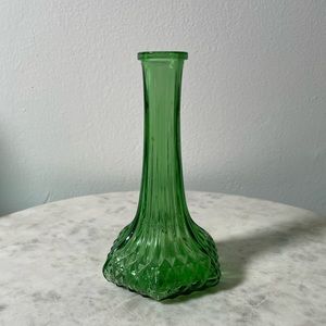 Vintage Green Glass Bud Vase with Hexagon Base